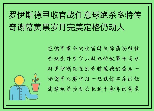 罗伊斯德甲收官战任意球绝杀多特传奇谢幕黄黑岁月完美定格仍动人