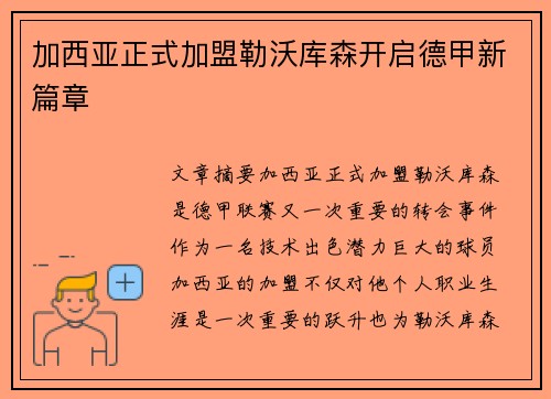 加西亚正式加盟勒沃库森开启德甲新篇章